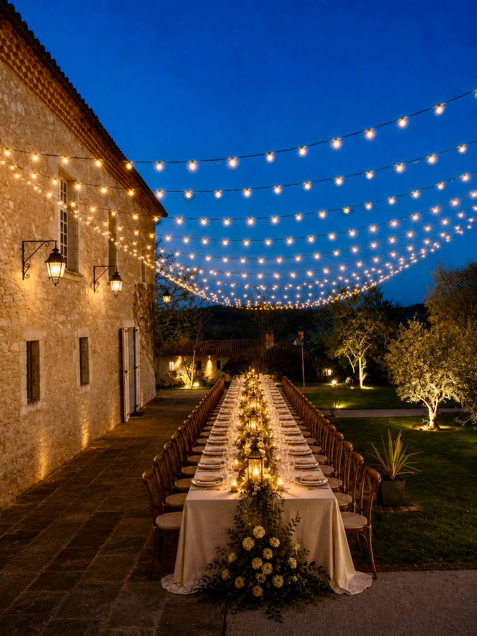 Wedding dinner under festoon lights in the courtyard at Les Cazettes, with the manor lit behind